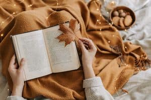 A cozy autumn scene with a book, warm blanket, and cookies for a relaxing reading atmosphere.