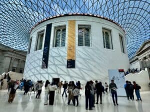 This image features the interior entrance of the British Museum in London. 
