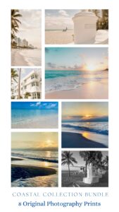 This image features a collage of 8 beach and coastal inspired images that are part of the Coastal Collection Bundles that features photography prints of Ft. Lauderdale, Myrtle Beach, and Grand Cayman Island.  Coastal Wall Art Printables - 8 Original Photography Prints