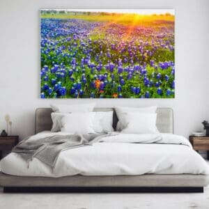 This image features a sunrise over a Texas bluebonnets field hanging over a white bed in a simple styled bedroom. 