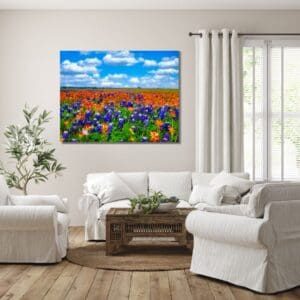 This image features a pretty Texas bluebonnets and Indian Paint brush field of flowers framed art print in a farmhouse living room - Texas Bluebonnets Wall Art