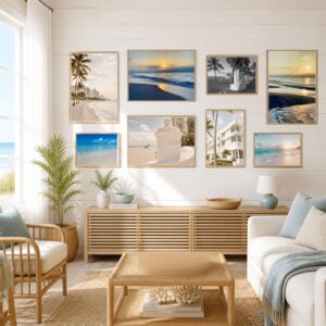 This image features a set of 8 framed coastal and beach photography prints hanging on the wall of  a beach house living room. 