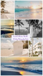 This image is Pinterest Pin featuring 7 of the eight coastal photography images in the Coastal Collection Bundle