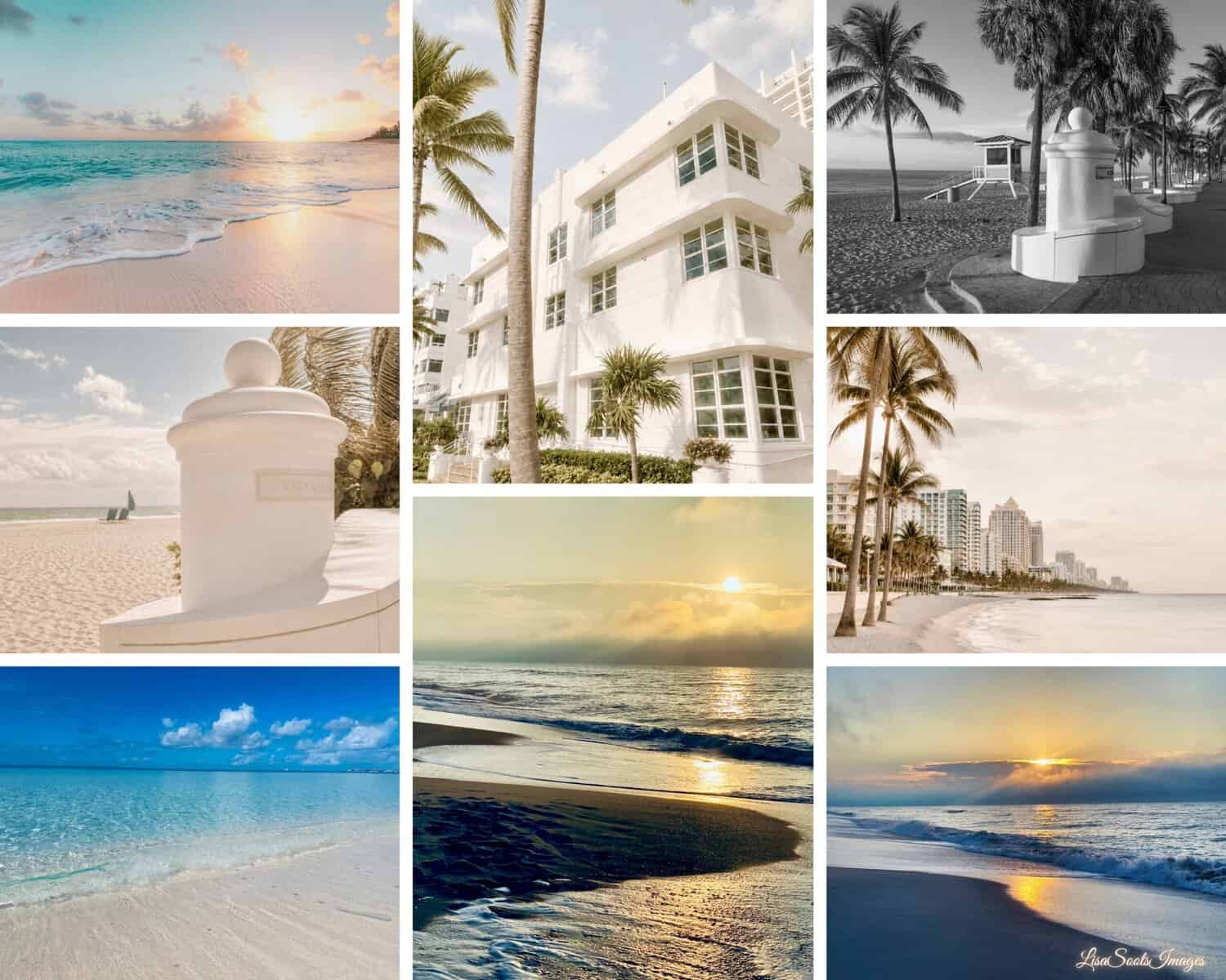 This image features a collage of 8 beach and coastal inspired images that are part of the Coastal Collection Bundles that features photography prints of Ft. Lauderdale, Myrtle Beach, and Grand Cayman Island. - Coastal Wall Art Printables