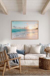 This image features a pretty vibrant blue and peach colored beach scene at sunrise. - Coastal wall art printable —Seascape Magic