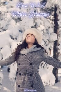 This image is a Pinterest Pin that features a woman wearing a heavy winter coat and hat in a snowy forest. 