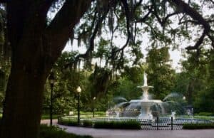 This image features the beautiful and ornate fountain in Forsyth Fountain in Savannah, Georgia 