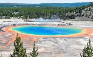 A vibrant aerial shot of the Grand Prismatic Spring in Yellowstone National Park. Best US Winter Vacations.